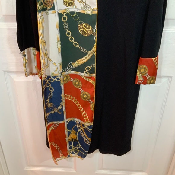 Zara Scarf Chain Satin Print Black Long Sleeve Midi Sheath Dress Size Small - Picture 3 of 10